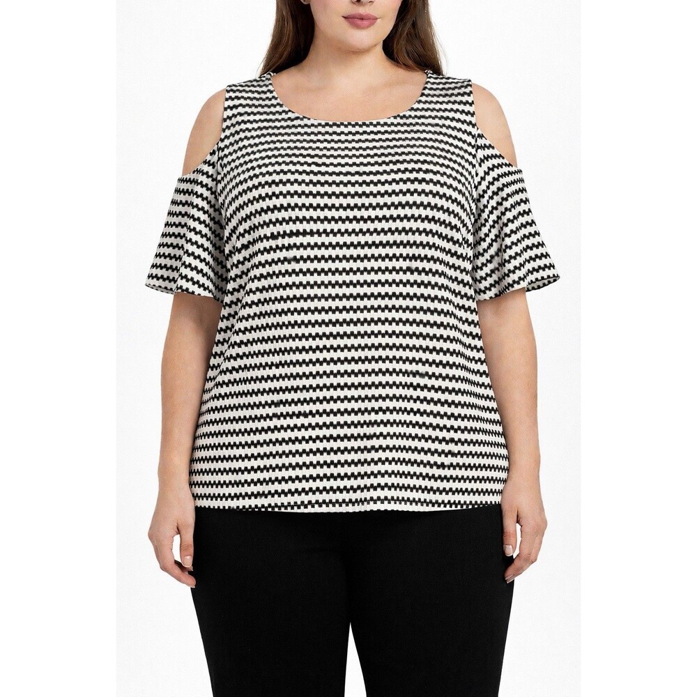Eloquii Women's 24 Plus Size Cold Shoulder Blouse Black White Stretch Chic